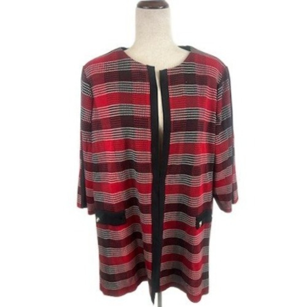 Ming Wang Knit Jacket Women's Size 1X Striped Plaid 3/4 Sleeve